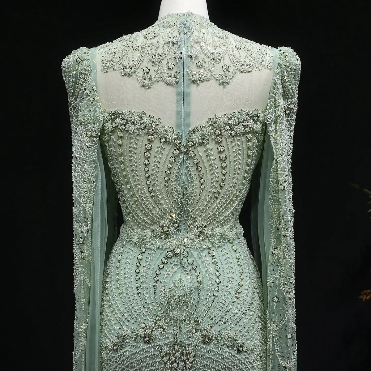 Elegant Beaded Blue Evening Dress with Cape Sleeves SS079 