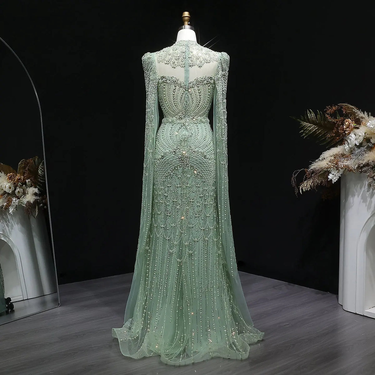 Elegant Beaded Blue Evening Dress with Cape Sleeves SS079 