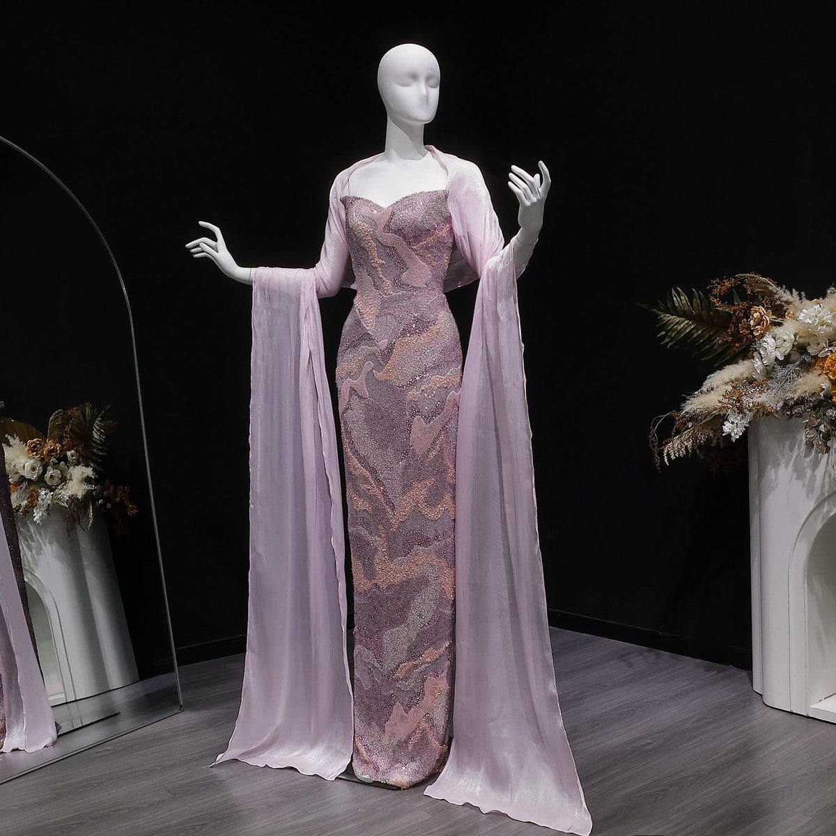 Elegant Pink Crystal Embellished Mermaid Evening Dress with Cape SS658 