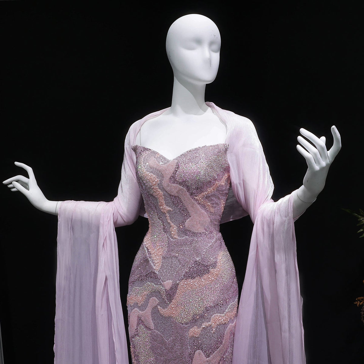 Elegant Pink Crystal Embellished Mermaid Evening Dress with Cape SS658 