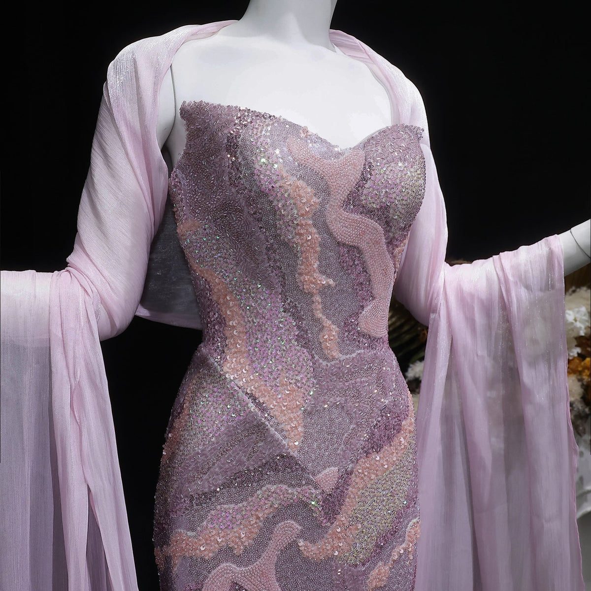 Elegant Pink Crystal Embellished Mermaid Evening Dress with Cape SS658 