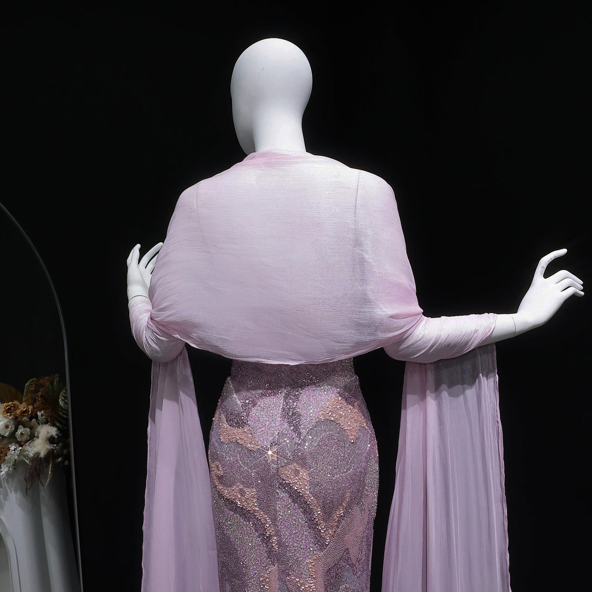 Elegant Pink Crystal Embellished Mermaid Evening Dress with Cape SS658 