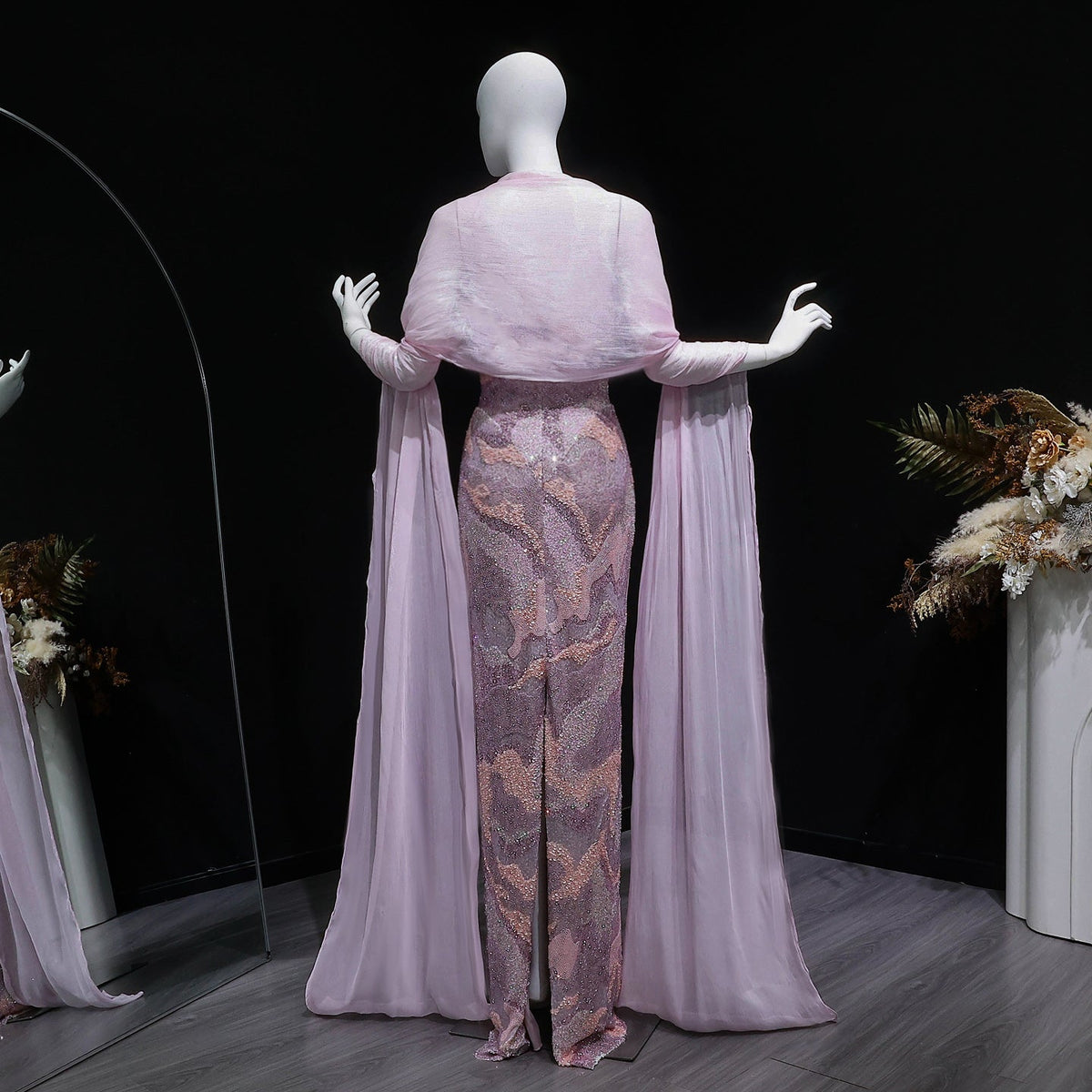 Elegant Pink Crystal Embellished Mermaid Evening Dress with Cape SS658 