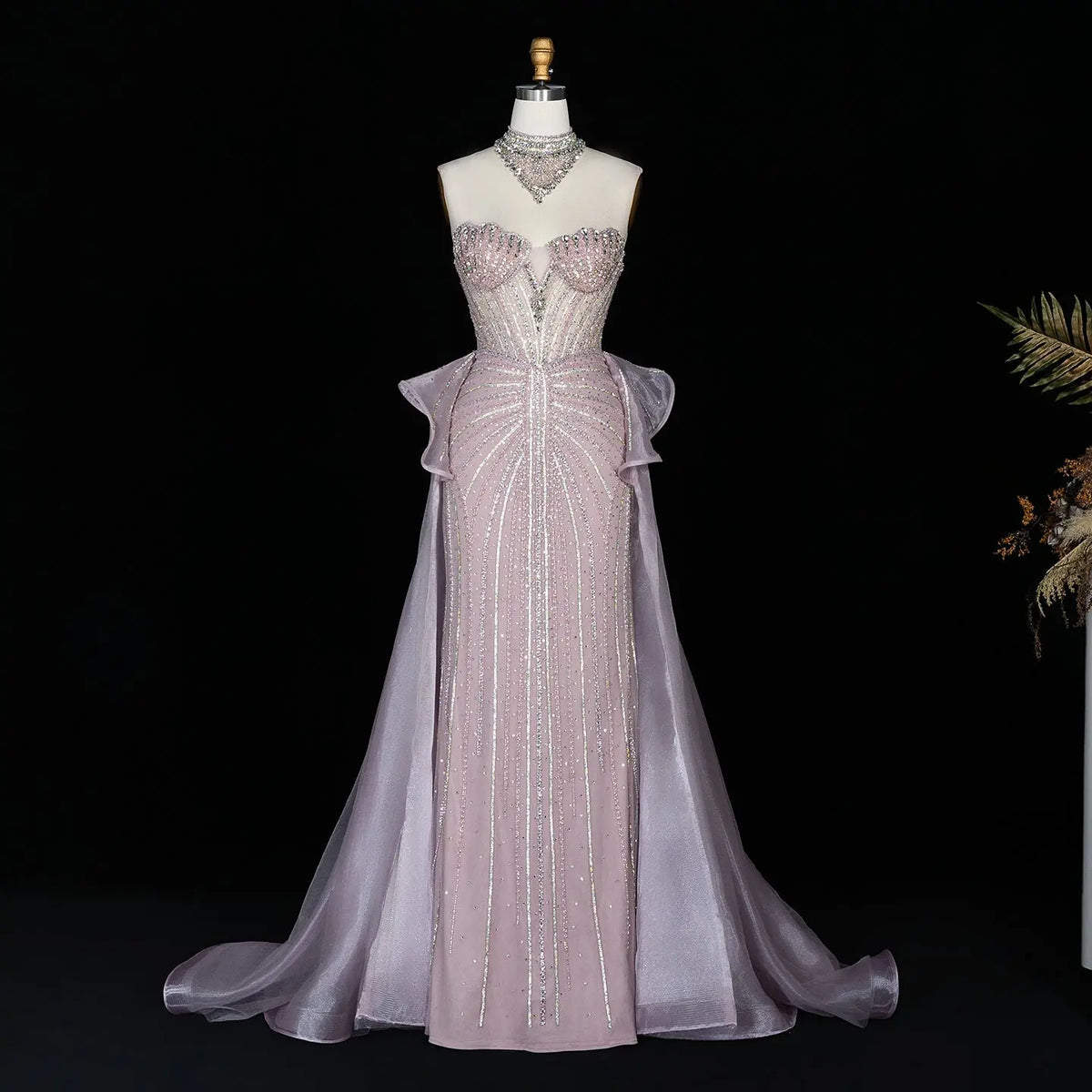 Pink Beaded Corset Organza Train Evening Gown SS139