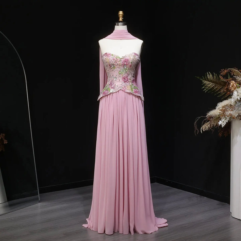 Chic Pink Floral Embellished Peplum Chiffon Evening Dress with Scarf SS480 
