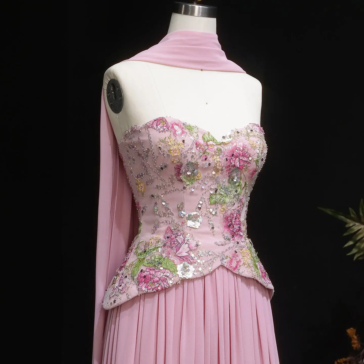 Chic Pink Floral Embellished Peplum Chiffon Evening Dress with Scarf SS480 