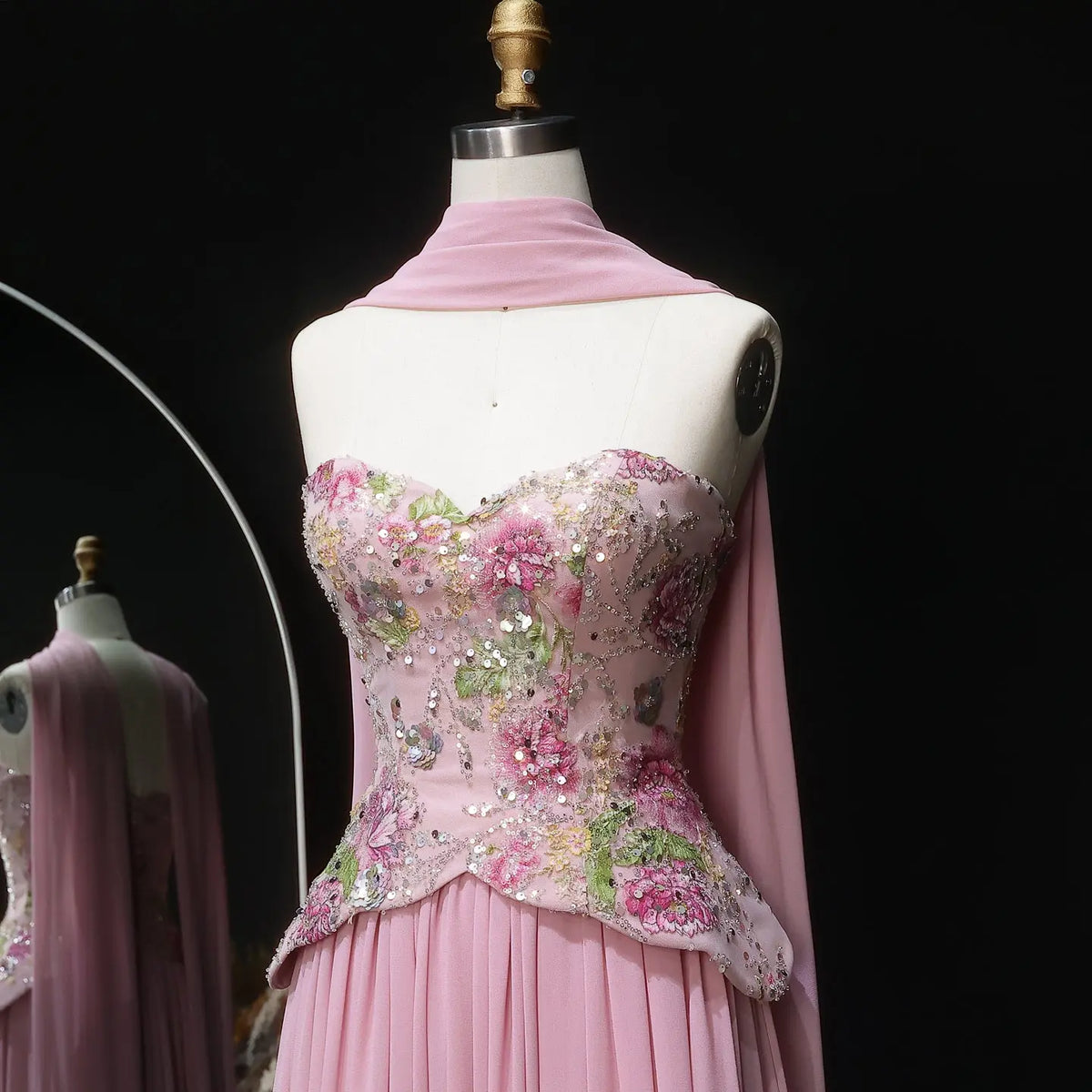 Chic Pink Floral Embellished Peplum Chiffon Evening Dress with Scarf SS480 