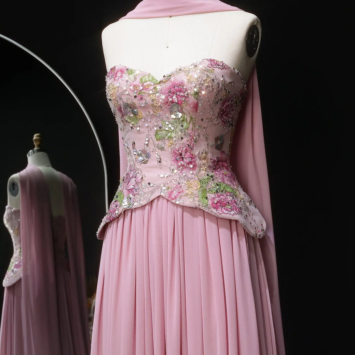 Chic Pink Floral Embellished Peplum Chiffon Evening Dress with Scarf SS480 