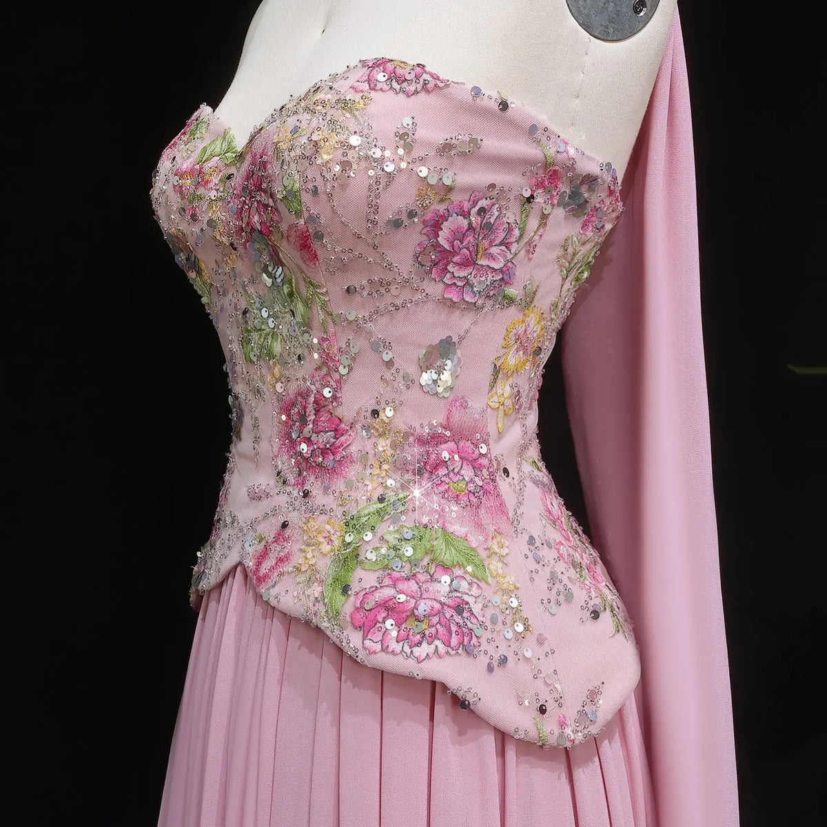 Chic Pink Floral Embellished Peplum Chiffon Evening Dress with Scarf SS480 