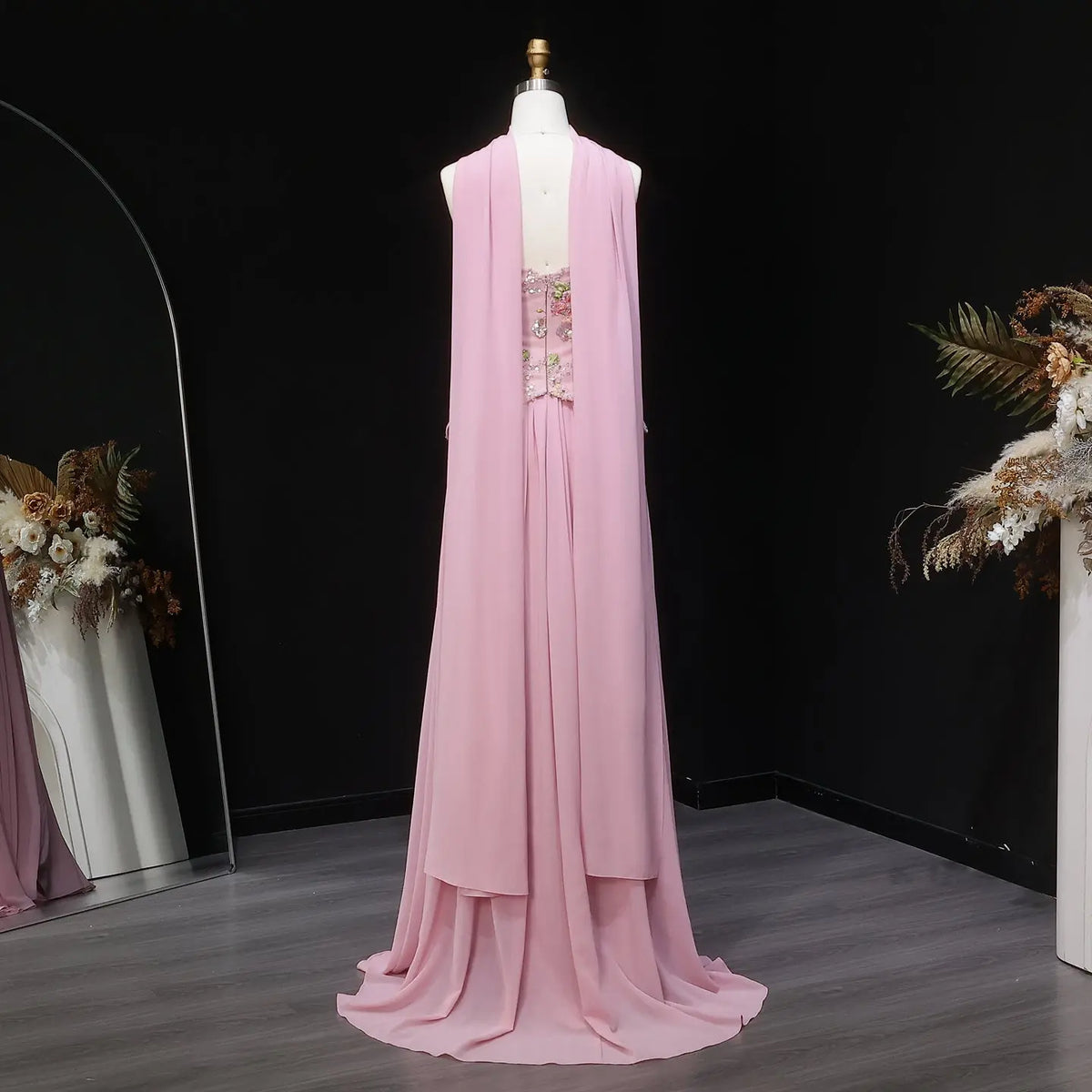 Chic Pink Floral Embellished Peplum Chiffon Evening Dress with Scarf SS480 