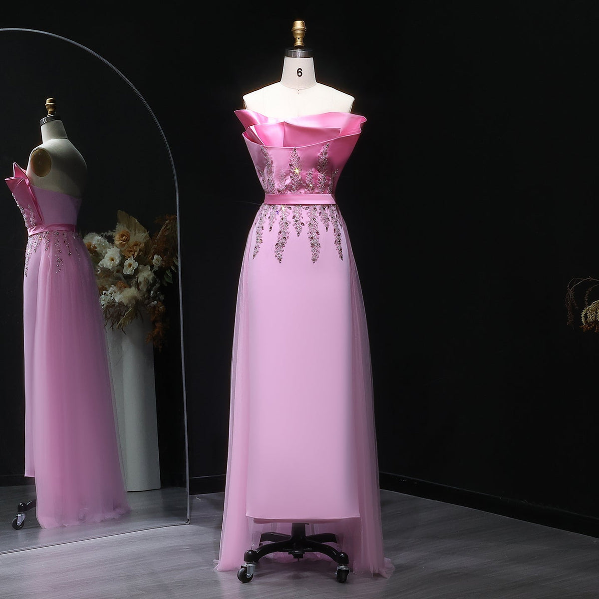 Elegant Pink Crystal Evening Dress with Overskirt SS213