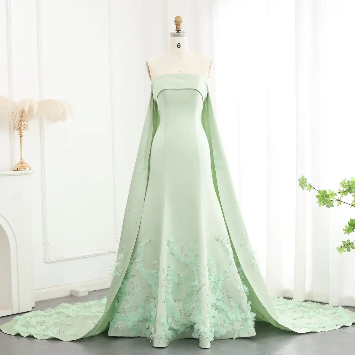 Luxury Crystal 3D Leaves Sage Green Evening Dress with Cape SS449 - SHARONSAID Luxury Crystal 3D Leaves Sage Green Evening Dress with Cape SS449 - SHARONSAID