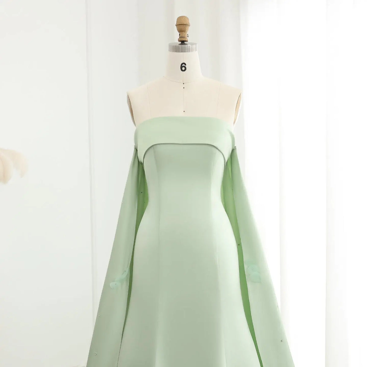 Luxury Crystal 3D Leaves Sage Green Evening Dress with Cape SS449 - SHARONSAID Luxury Crystal 3D Leaves Sage Green Evening Dress with Cape SS449 - SHARONSAID