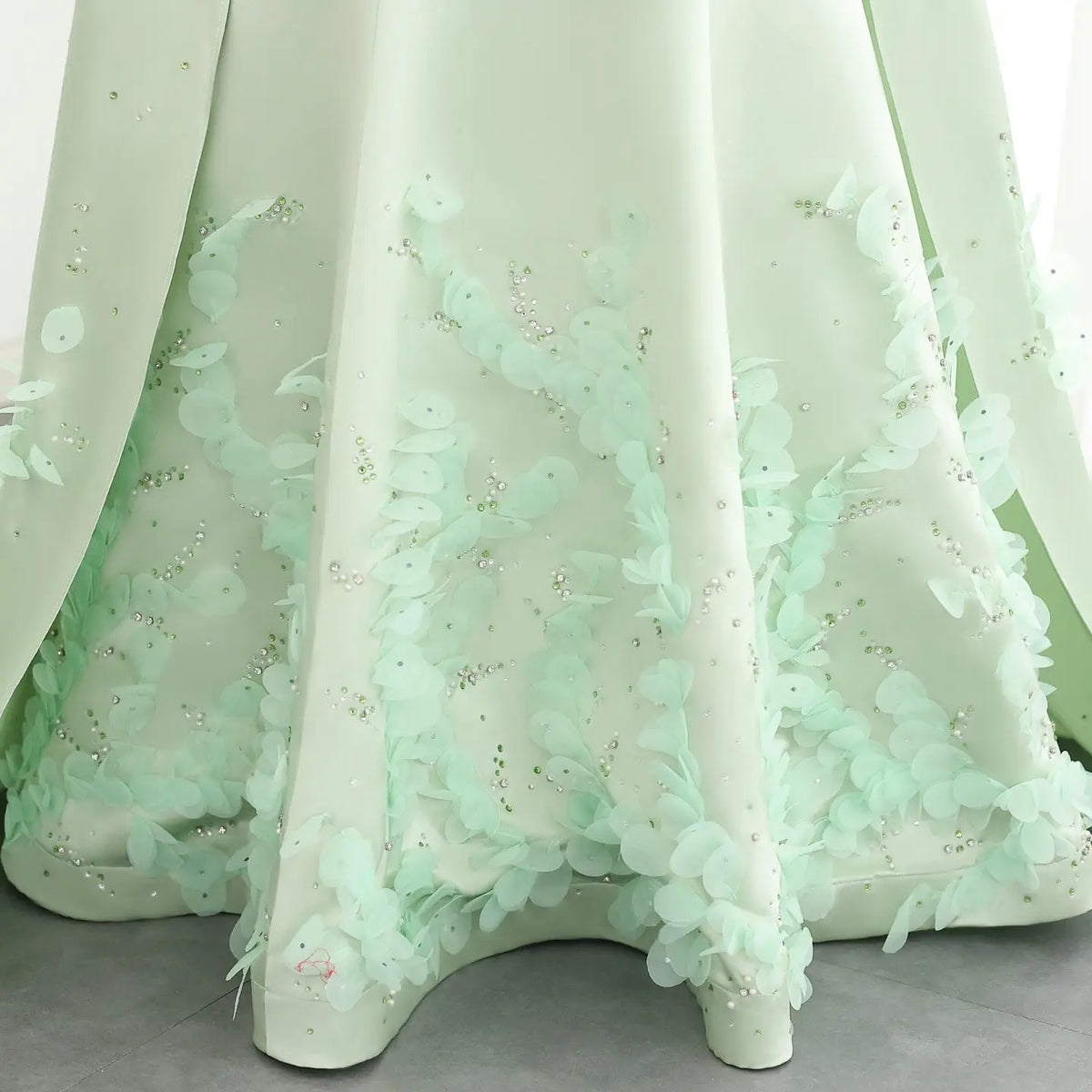 Final Sale Luxury Crystal 3D Leaves Sage Green Evening Dress with Cape SS449 Final Sale Luxury Crystal 3D Leaves Sage Green Evening Dress with Cape SS449