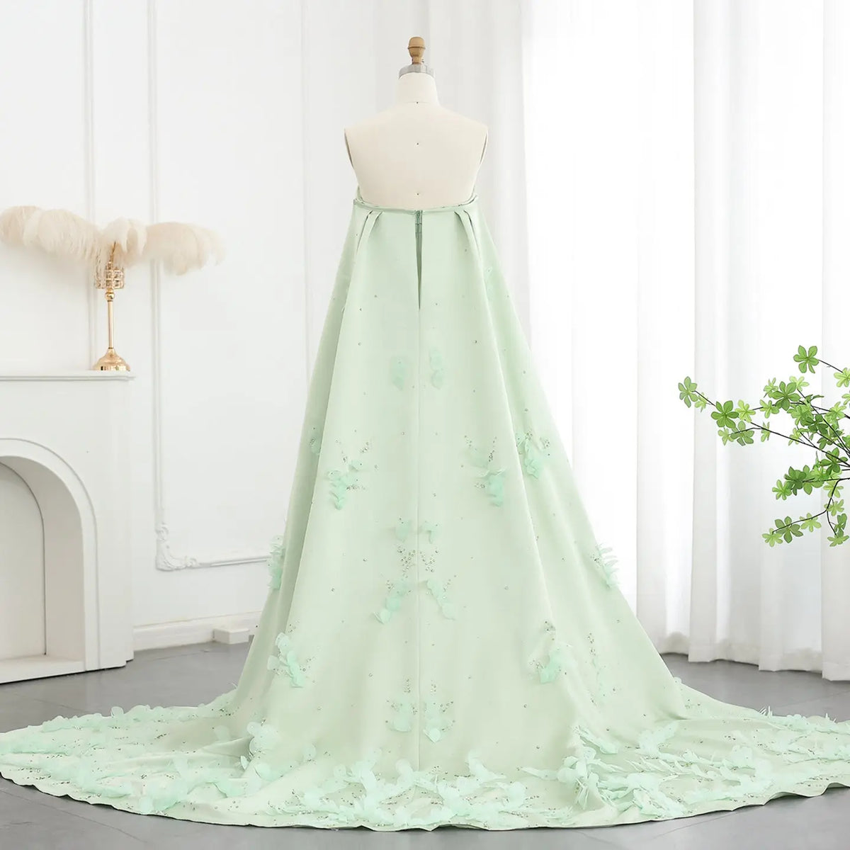Luxury Crystal 3D Leaves Sage Green Evening Dress with Cape SS449 - SHARONSAID Luxury Crystal 3D Leaves Sage Green Evening Dress with Cape SS449 - SHARONSAID