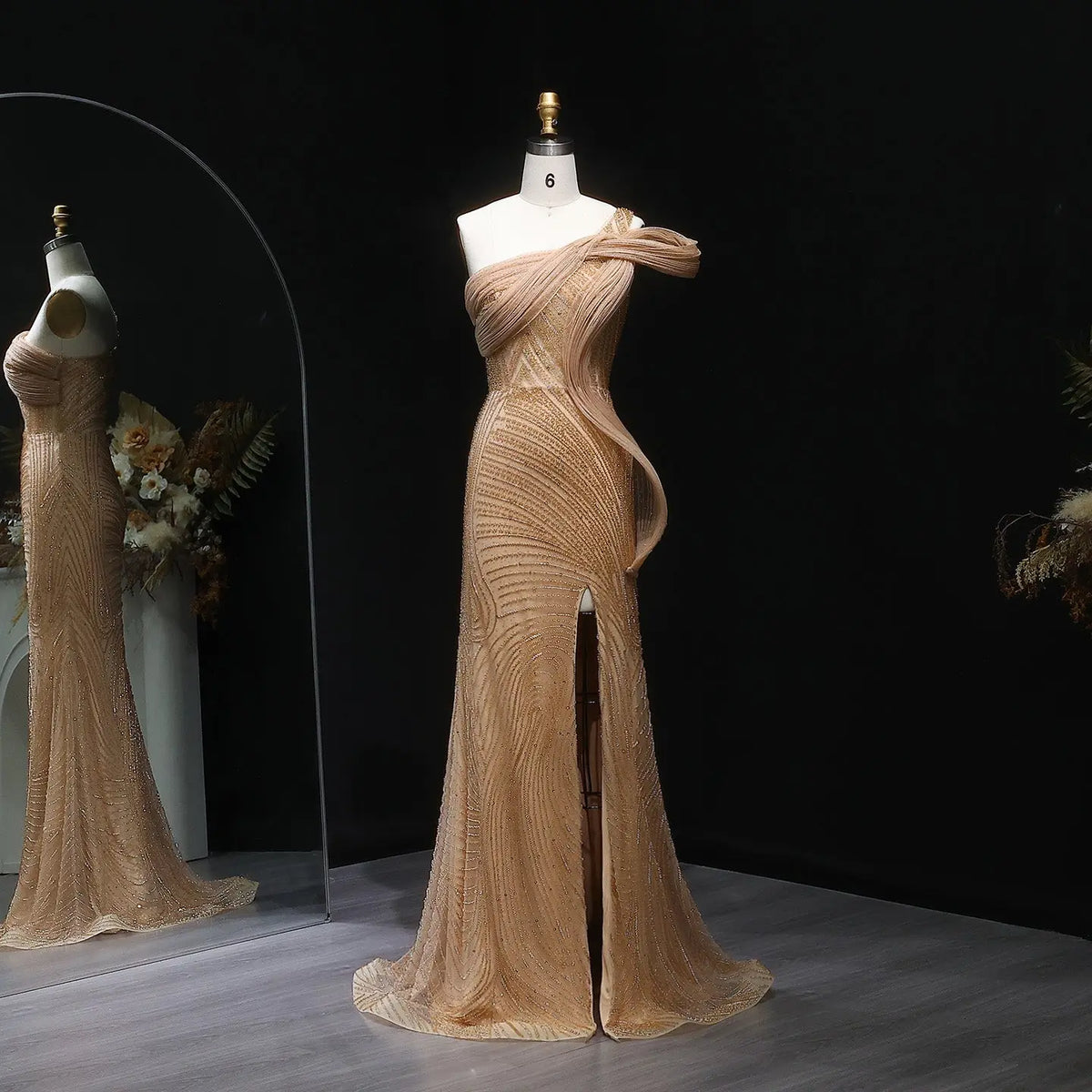 Luxury Crystal Beaded Caramel Evening Dress with Slit SS088 - SHARONSAID Luxury Crystal Beaded Caramel Evening Dress with Slit SS088 - SHARONSAID