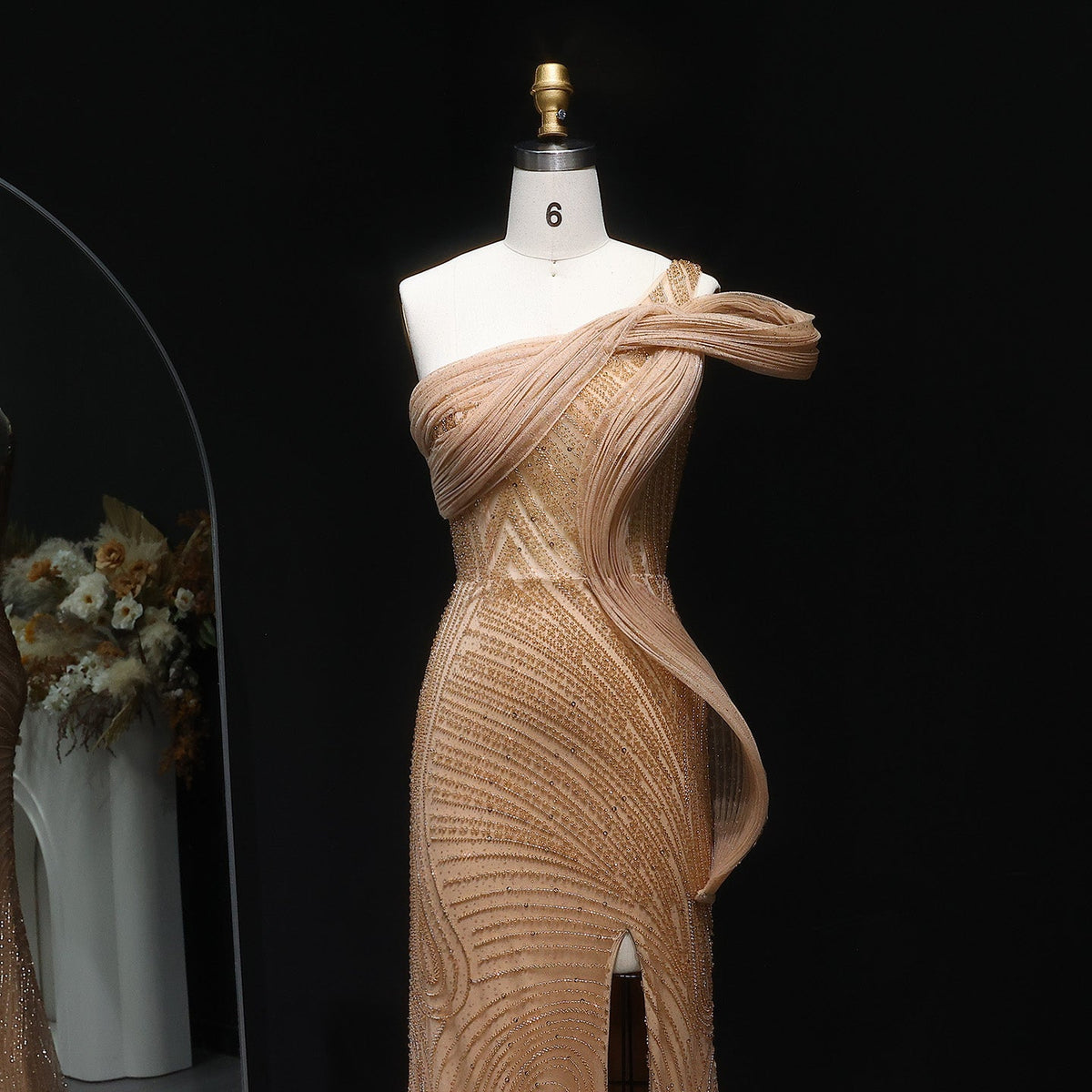 Luxury Crystal Beaded Caramel Evening Dress with Slit SS088