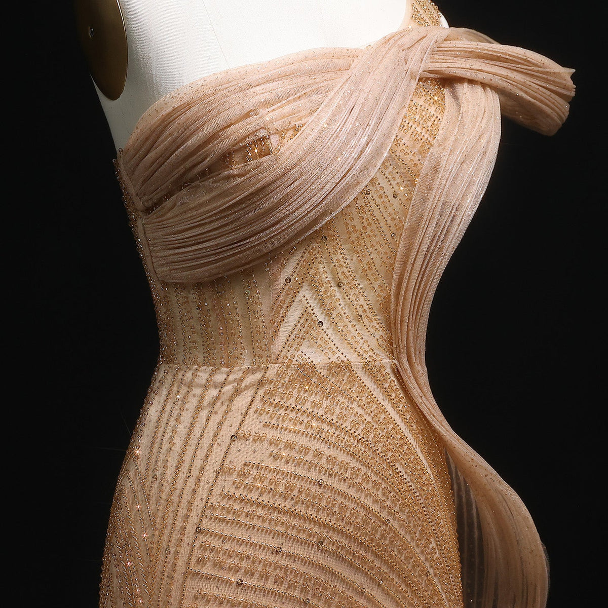 Luxury Crystal Beaded Caramel Evening Dress with Slit SS088