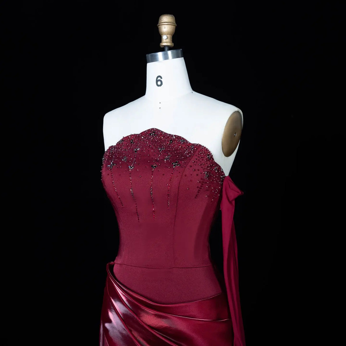 statement red dress Romantic Burgundy Strapless Beaded Evening Dress with Statement Satin – SHARONSAID