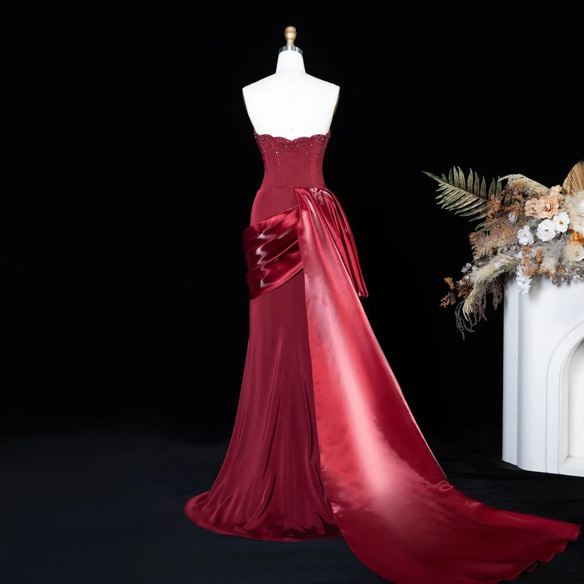 statement red dress Romantic Burgundy Strapless Beaded Evening Dress with Statement Satin – SHARONSAID