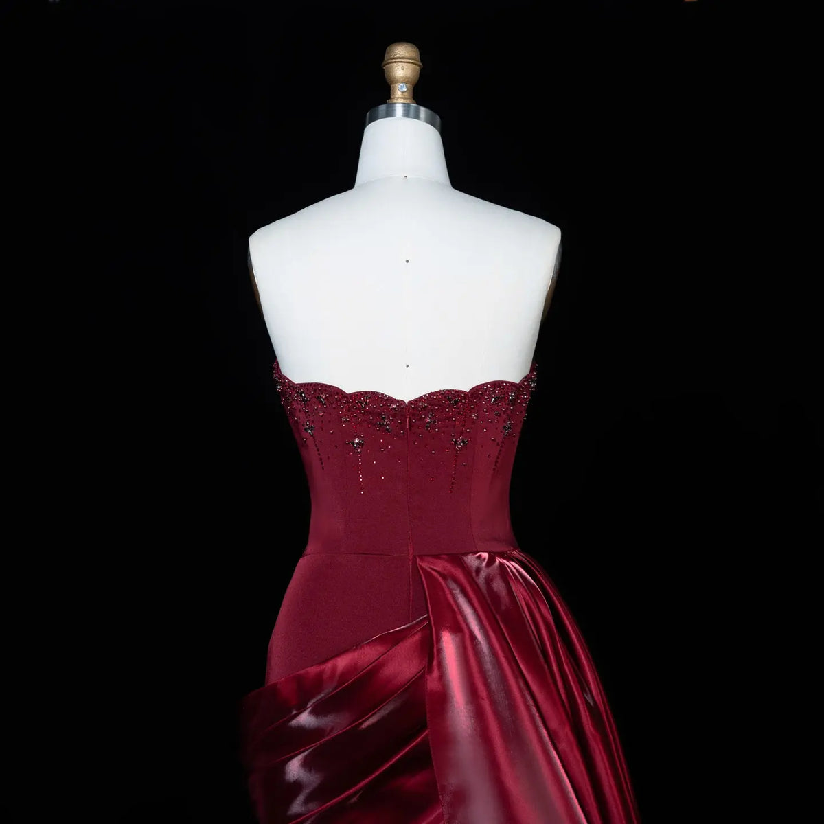 dark red silk dress Romantic Burgundy Strapless Beaded Evening Dress with Statement Satin – SHARONSAID