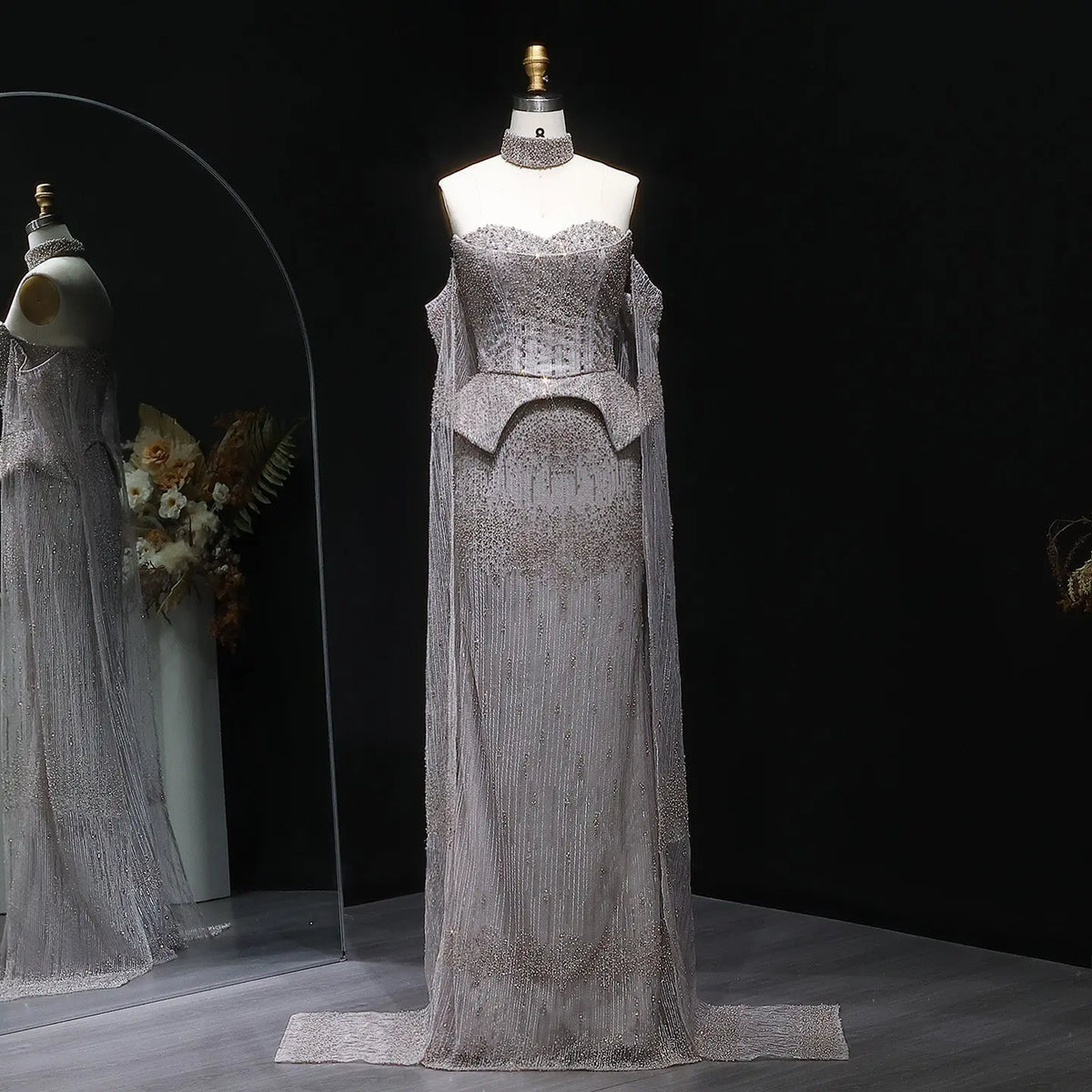 Stunning Gold Crystal Off Shoulder Evening Dress with Cape Sleeves SS558 Stunning Gold Crystal Off Shoulder Evening Dress with Cape Sleeves SS558