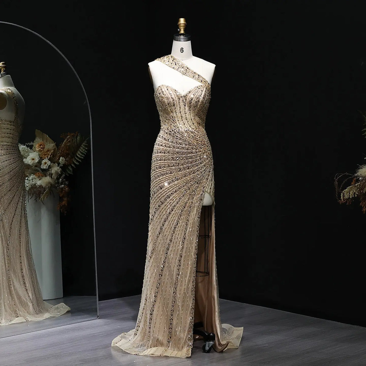 Luxury Crystal Champagne Evening Dress with Slit SS084 Luxury Crystal Champagne Evening Dress with Slit SS084