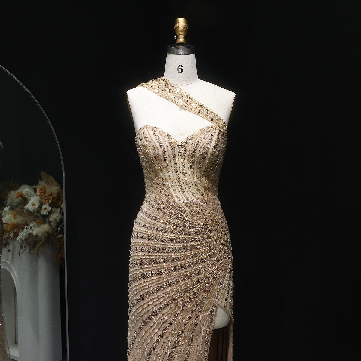 Luxury Crystal Champagne Evening Dress with Slit SS084
