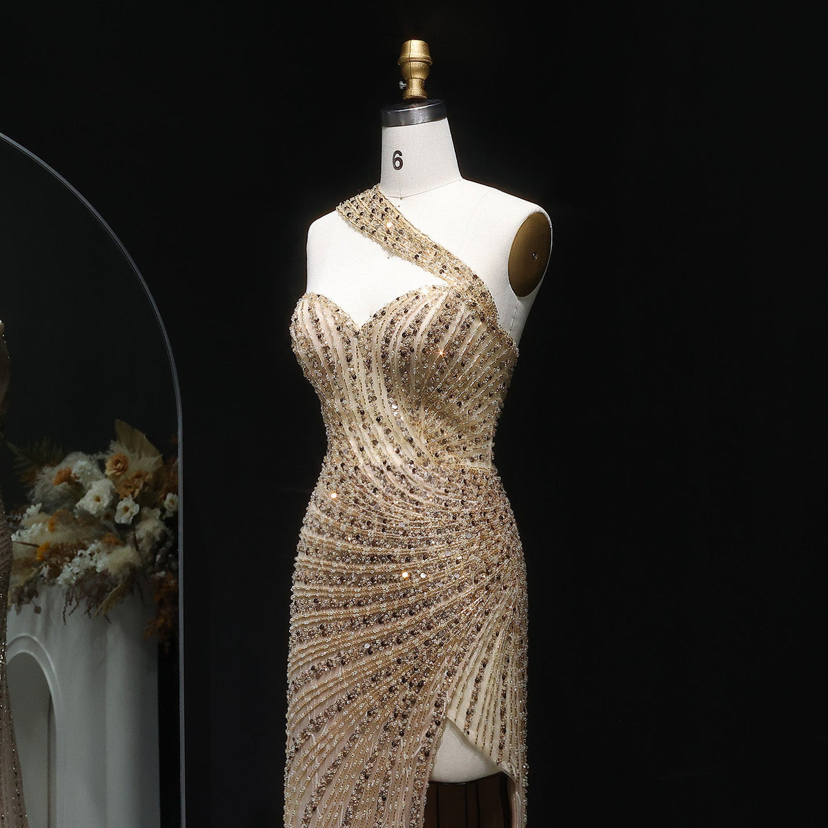 Luxury Crystal Champagne Evening Dress with Slit SS084