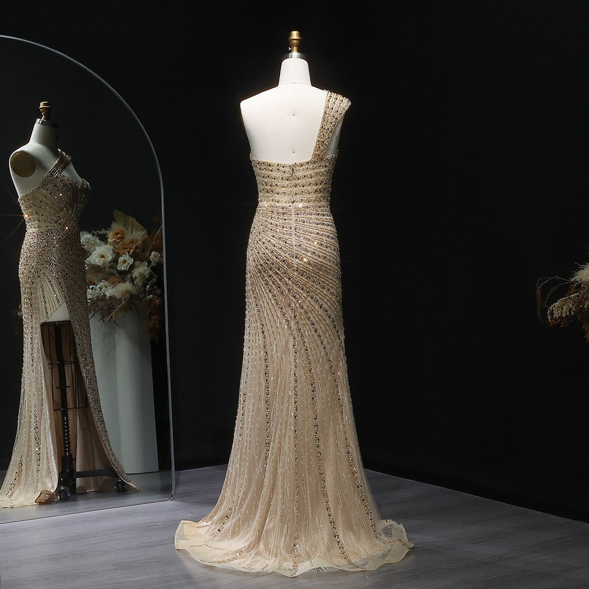 Luxury Crystal Champagne Evening Dress with Slit SS084