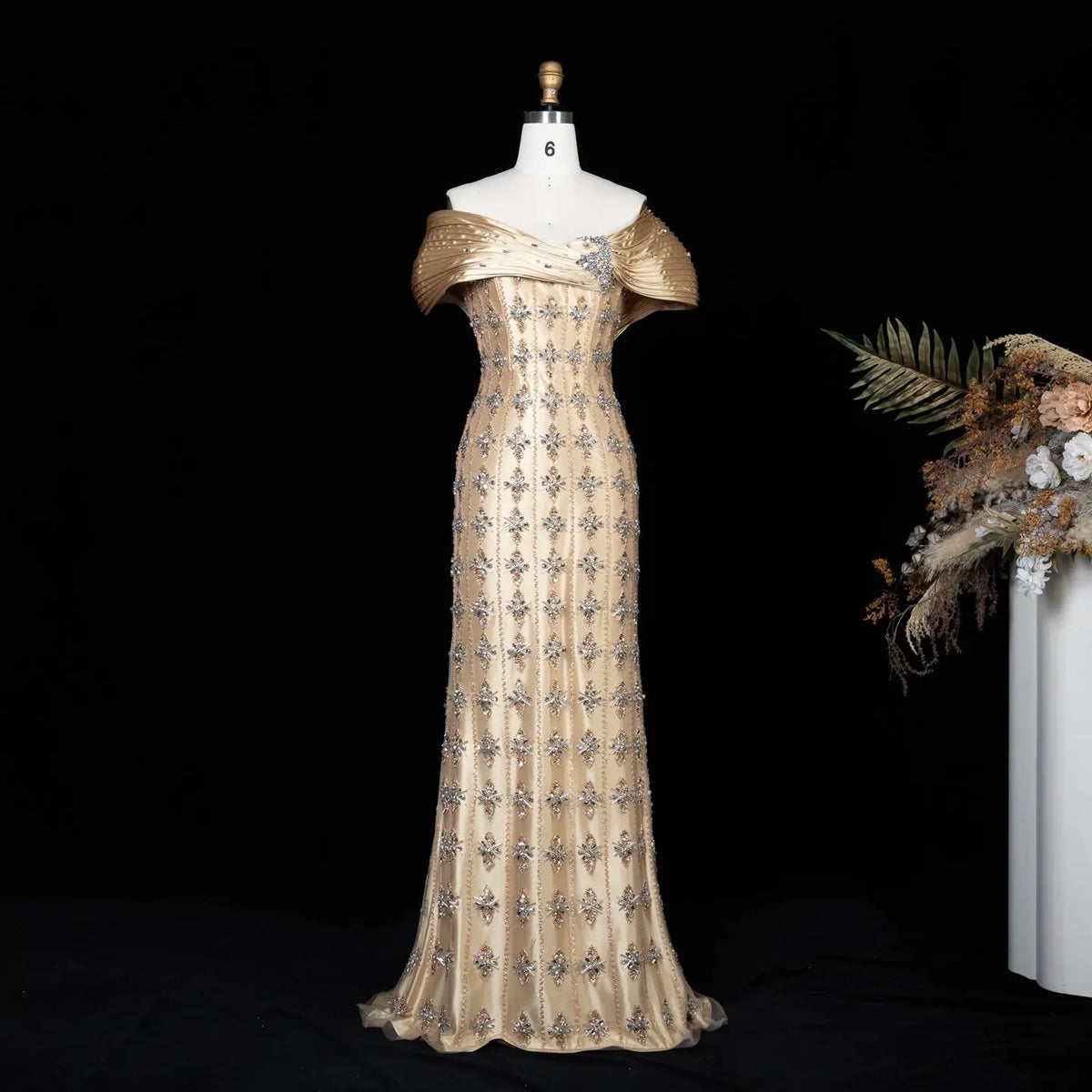 Gold Satin Embellished Evening Dress SS217