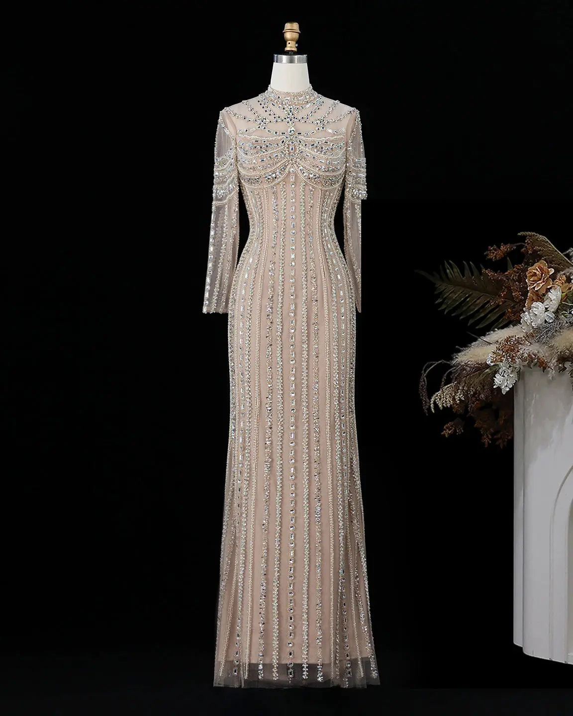 Pink Beaded Long Sleeve Formal Evening Gown SS195