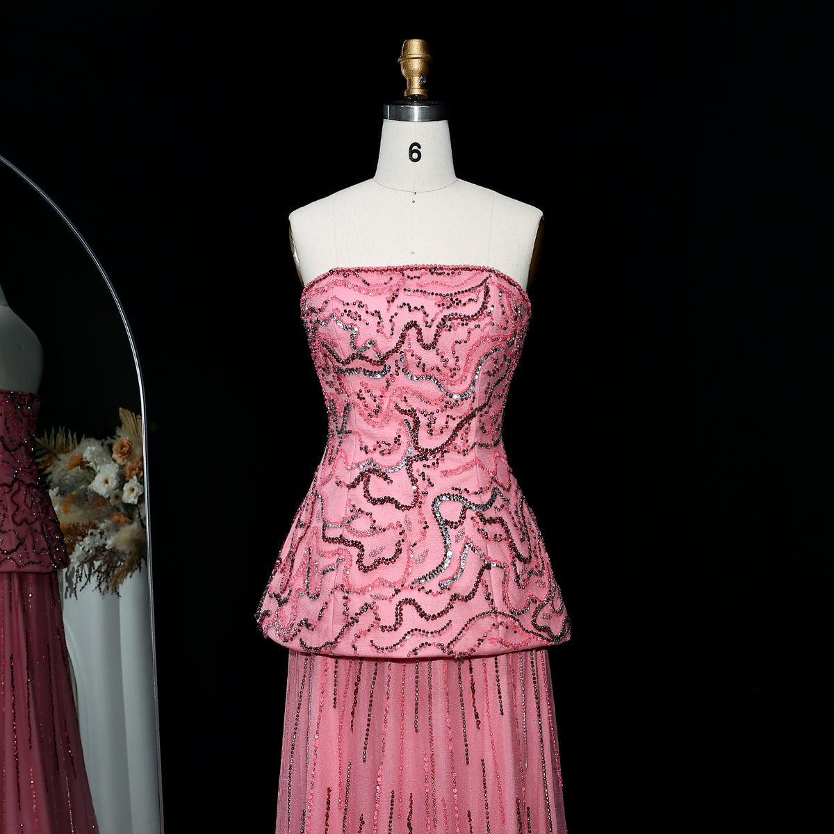 Elegant Rose Pink Crystal Sequin Two Pieces Evening Dress SS218 