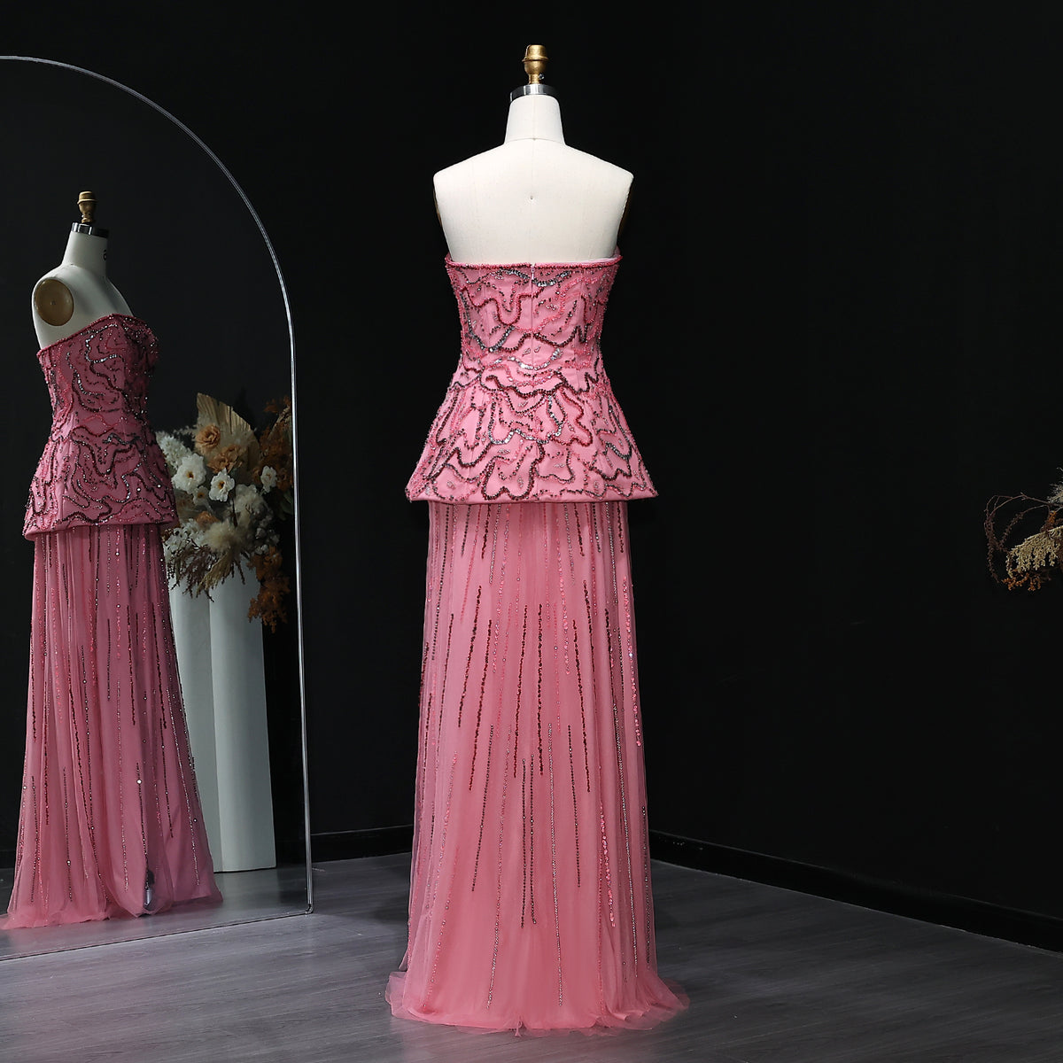 Elegant Rose Pink Crystal Sequin Two Pieces Evening Dress SS218 