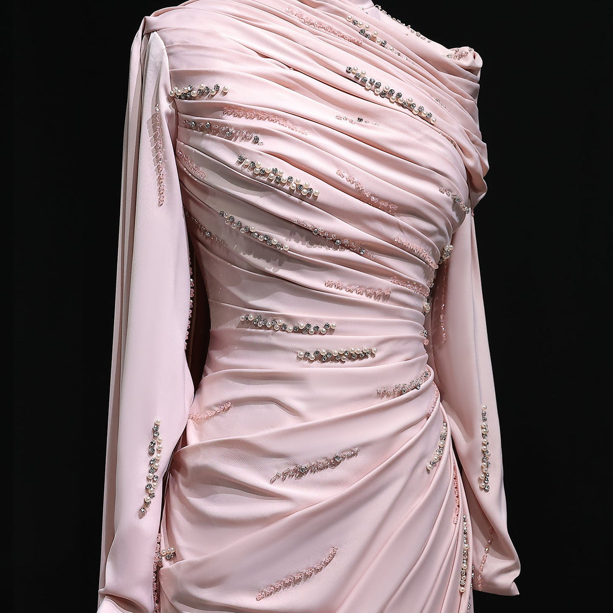 Elegant Pink Mermaid Beaded Evening Dress with cap and ruffles SS412