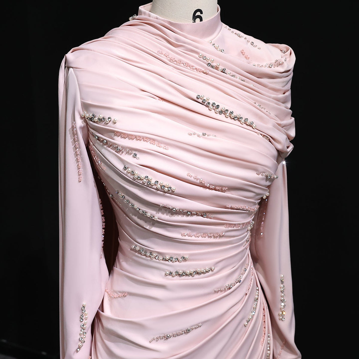 Elegant Pink Mermaid Beaded Evening Dress with cap and ruffles SS412