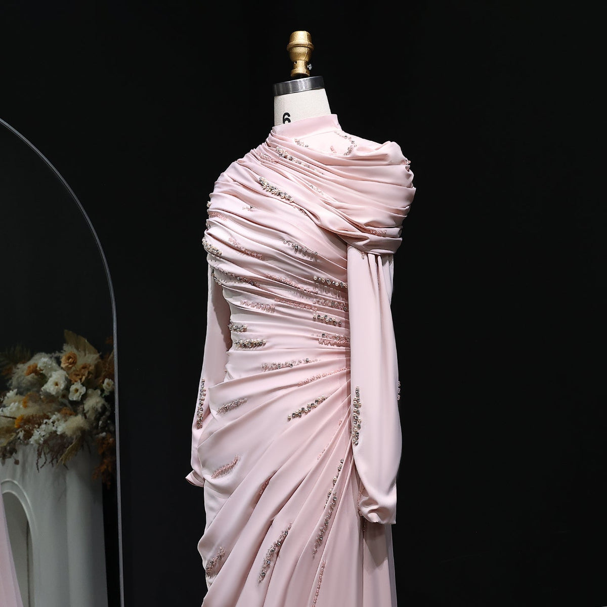 Elegant Pink Mermaid Beaded Evening Dress with cap and ruffles SS412