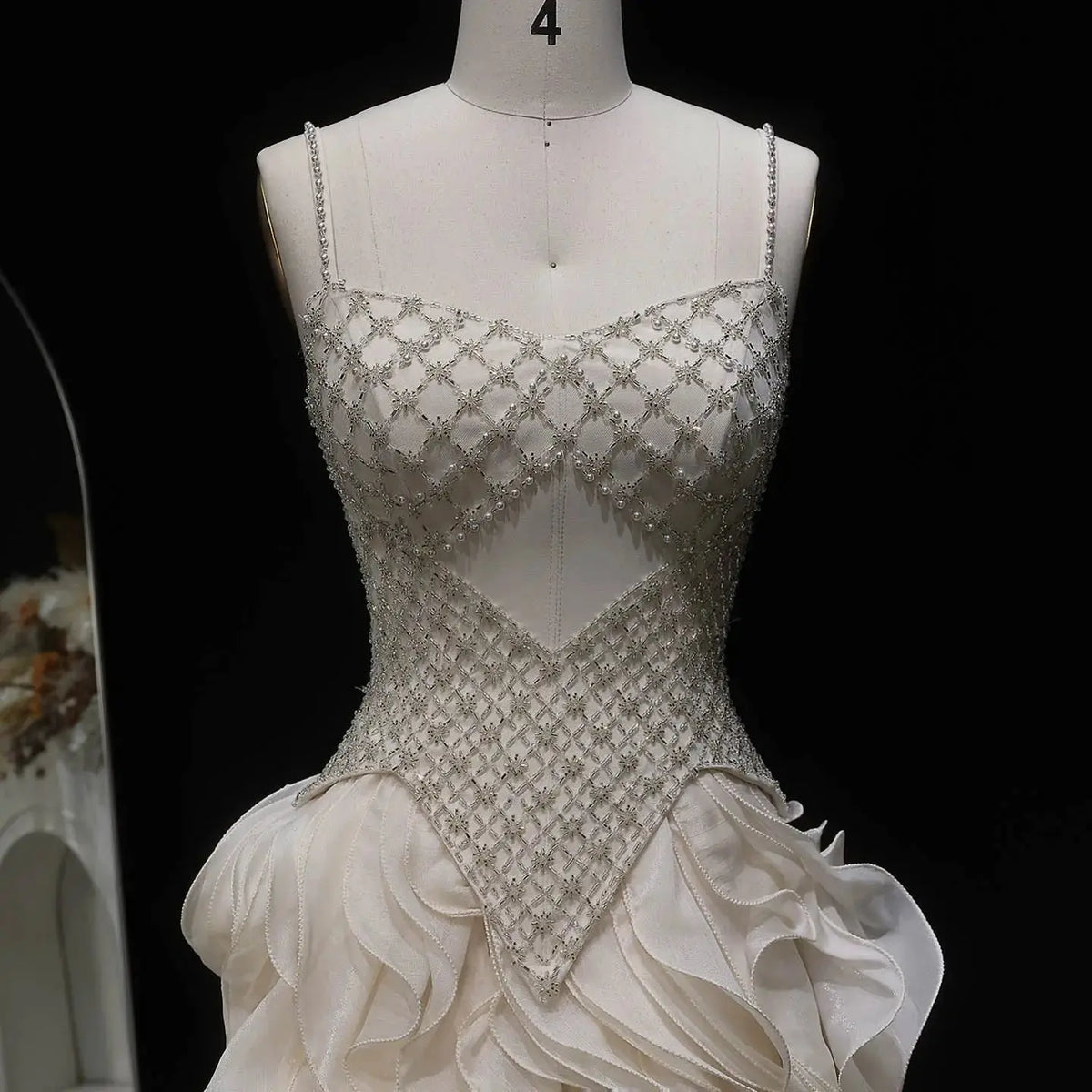 Sophisticated Beige Corset Bodice Ruffled Skirt Beaded Evening Dress SS257 