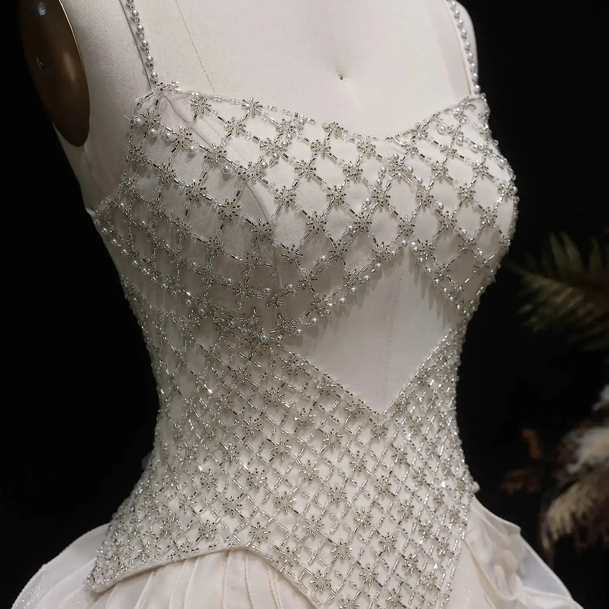 Sophisticated Beige Corset Bodice Ruffled Skirt Beaded Evening Dress SS257 