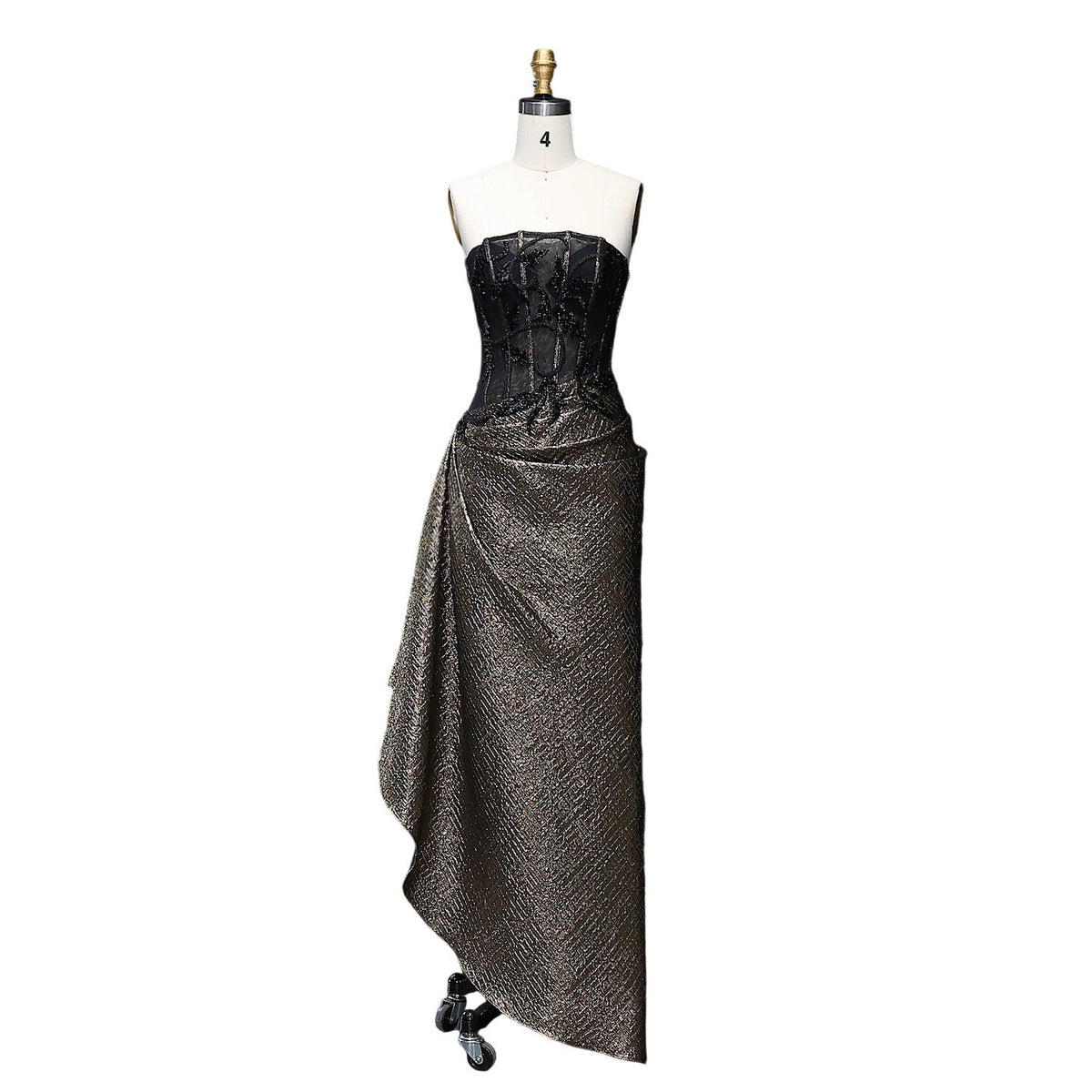 Luxury Crystal Black Bronze Strapless Evening Dress with Slit and Pleats SS241