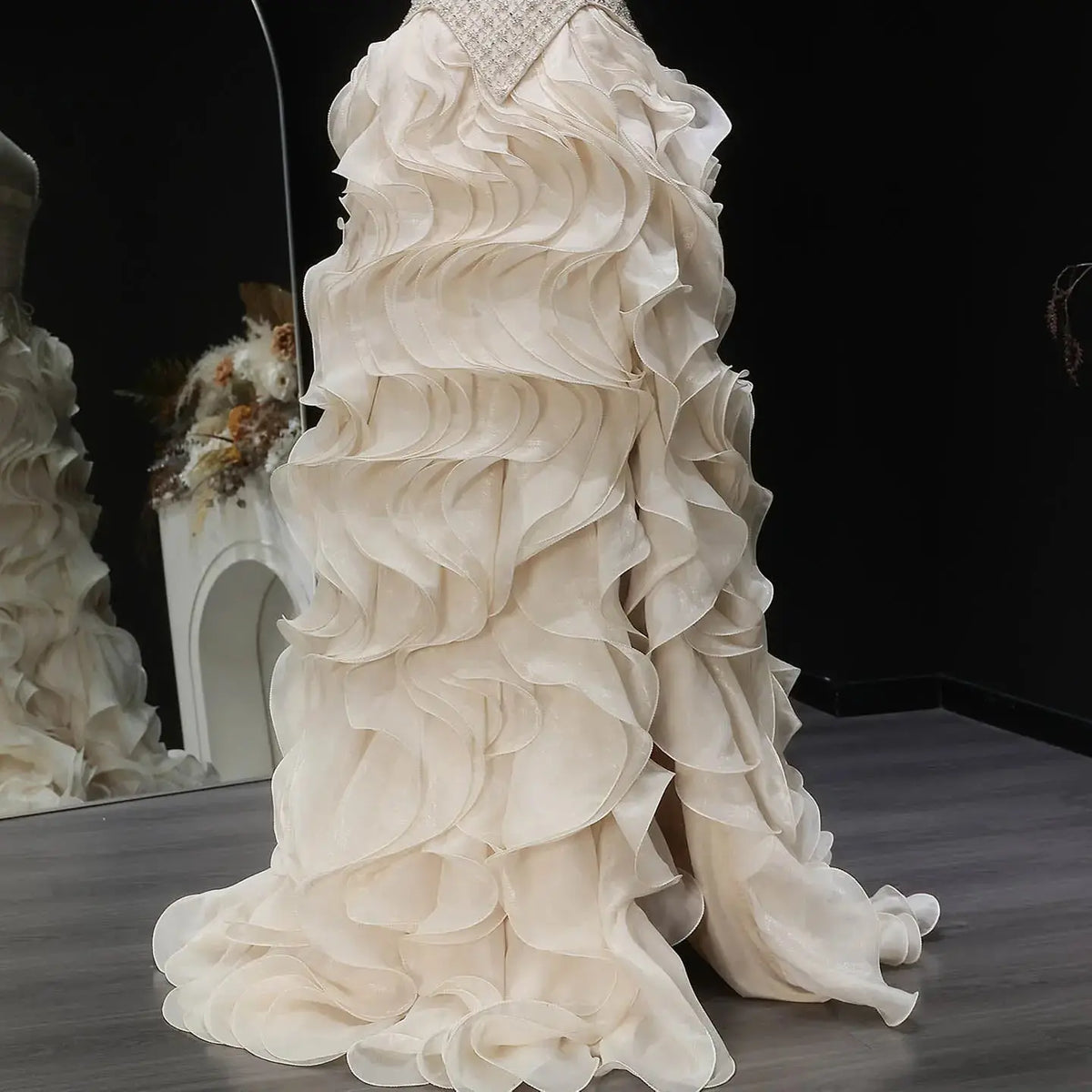 Sophisticated Beige Corset Bodice Ruffled Skirt Beaded Evening Dress SS257 