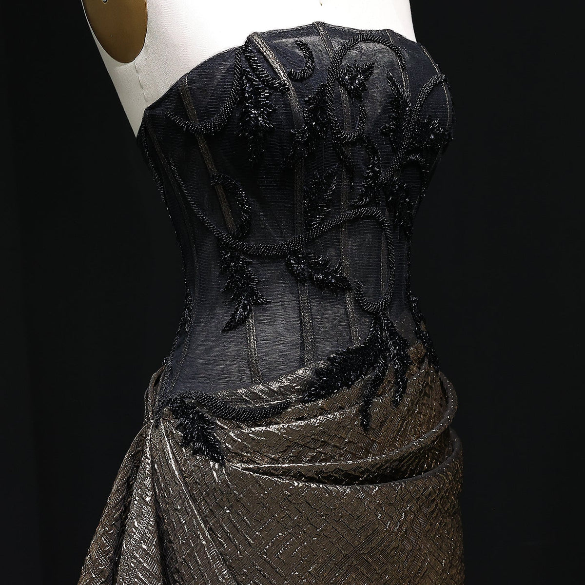 Luxury Crystal Black Bronze Strapless Evening Dress with Slit and Pleats SS241