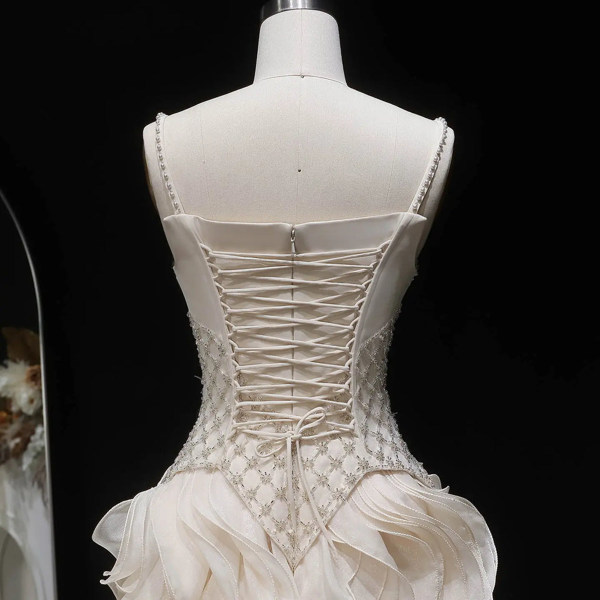 Sophisticated Beige Corset Bodice Ruffled Skirt Beaded Evening Dress SS257 