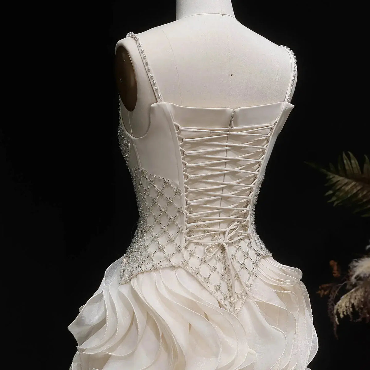 Sophisticated Beige Corset Bodice Ruffled Skirt Beaded Evening Dress SS257 