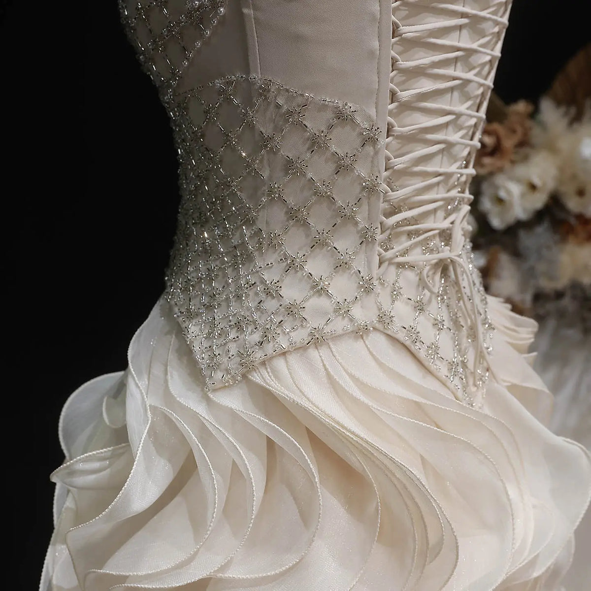 Sophisticated Beige Corset Bodice Ruffled Skirt Beaded Evening Dress SS257 