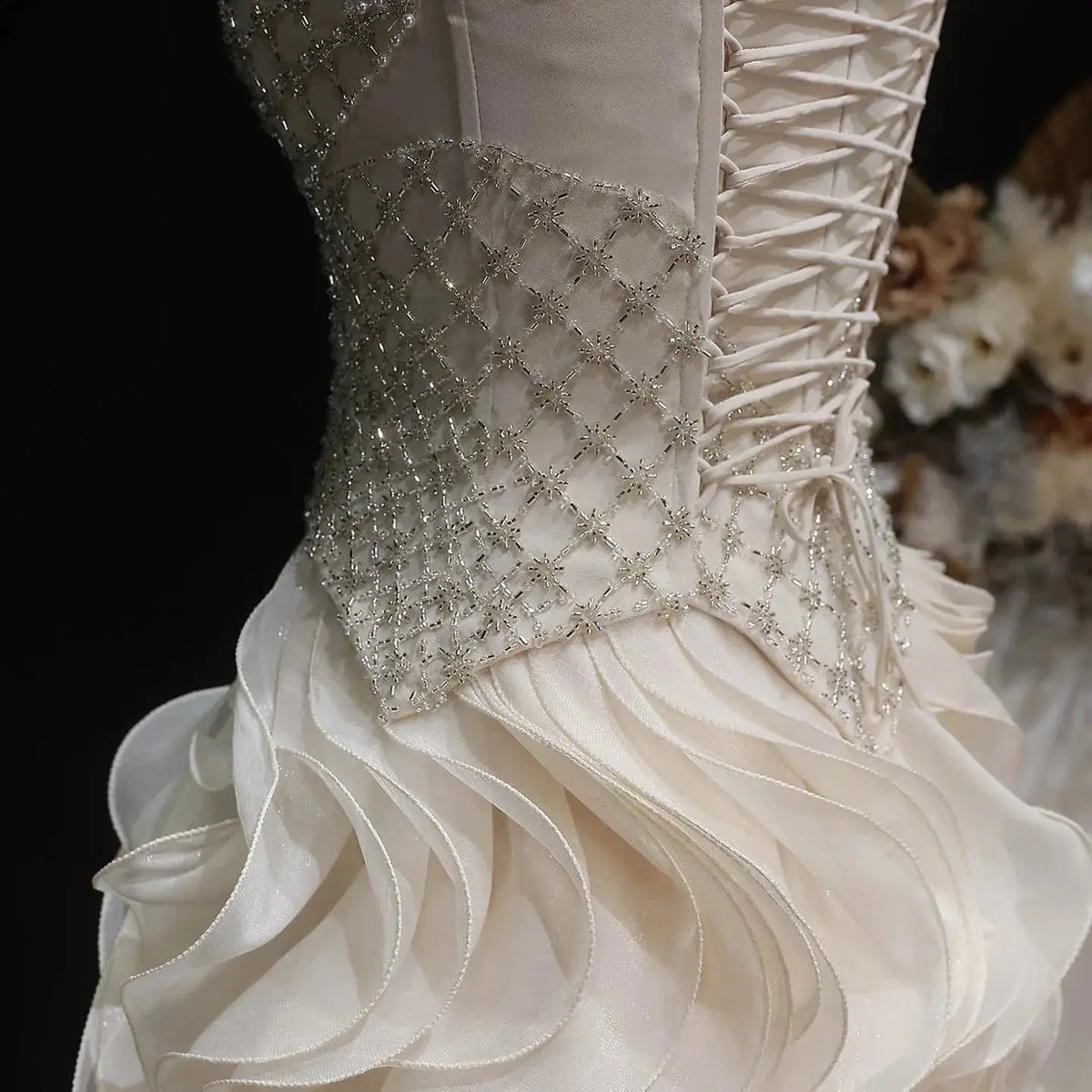 Sophisticated Beige Corset Bodice Ruffled Skirt Beaded Evening Dress SS257 