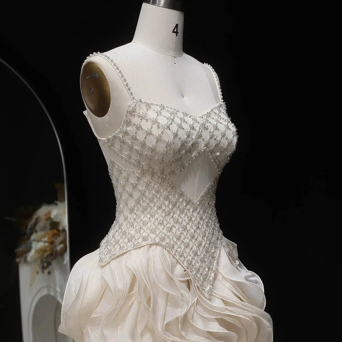 Sophisticated Beige Corset Bodice Ruffled Skirt Beaded Evening Dress SS257 
