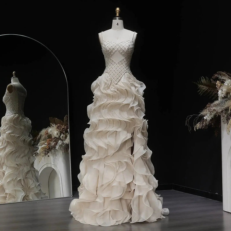 Sophisticated Beige Corset Bodice Ruffled Skirt Beaded Evening Dress SS257 