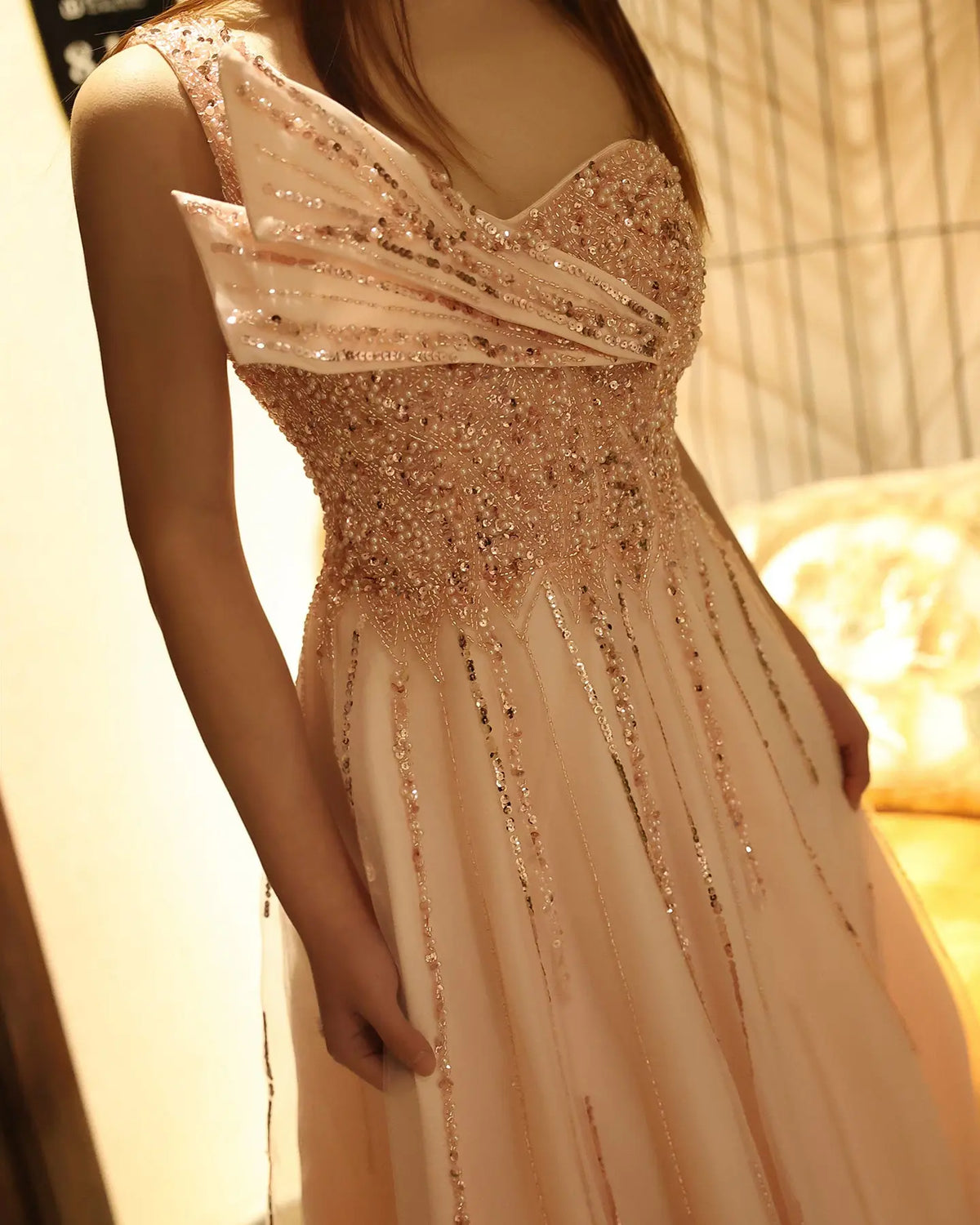 Luxury Beaded One Shoulder Pink Evening Dress SS417 