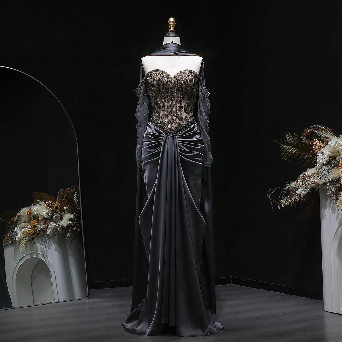 Luxury Gray Embellished Cape Fitted Evening Dress with Scarf SS564 